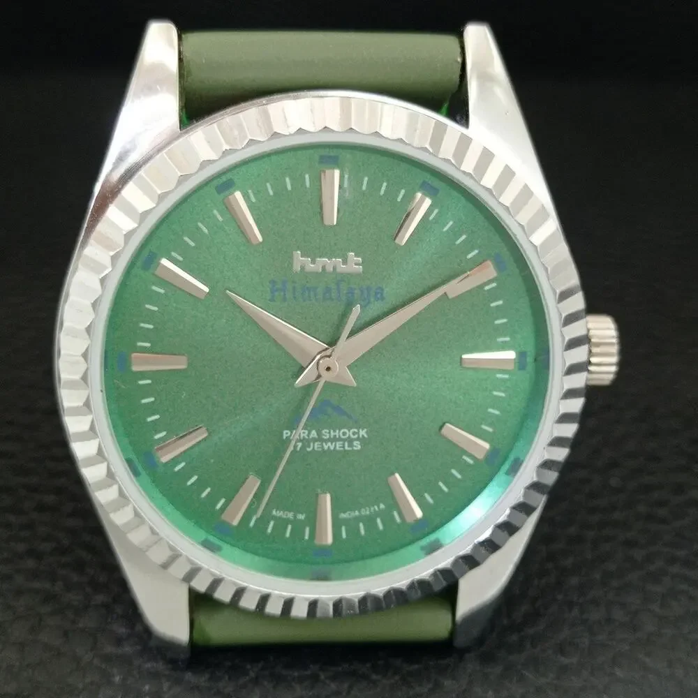 Vintage 1985 HMT Manual Wound Mens Silver Watch & Green accents